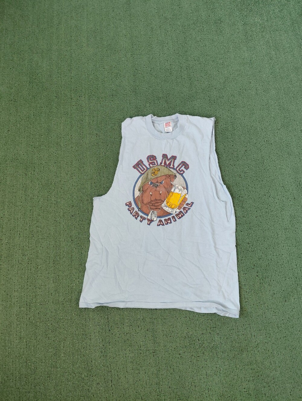 VINTAGE 1995 USMC Party Animal Beer Drinking Military Dog 90's Light Blue T Shir